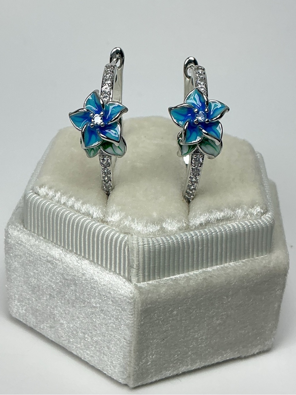 Blue Enamel Flower Hoop Earrings CZ Floral Hoops